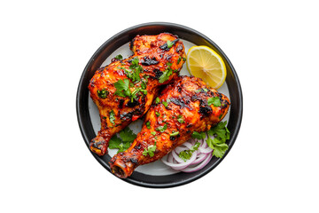 Fototapeta premium Delicious Grilled Chicken Legs Lemon Cilantro Onions