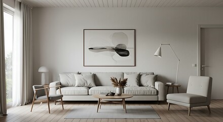Living Room Interior with Sofa, Armchair, and Abstract Art