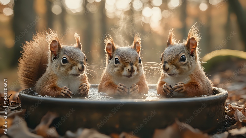 Poster three red squirrels sitting together in round container against blurred forest background with golde