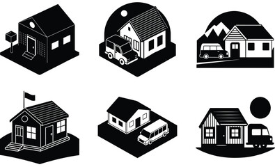 Rural Post Office Silhouette Vector Set – Village Mail Building Collection

