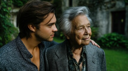 Obraz premium Son helps elderly father walk outside