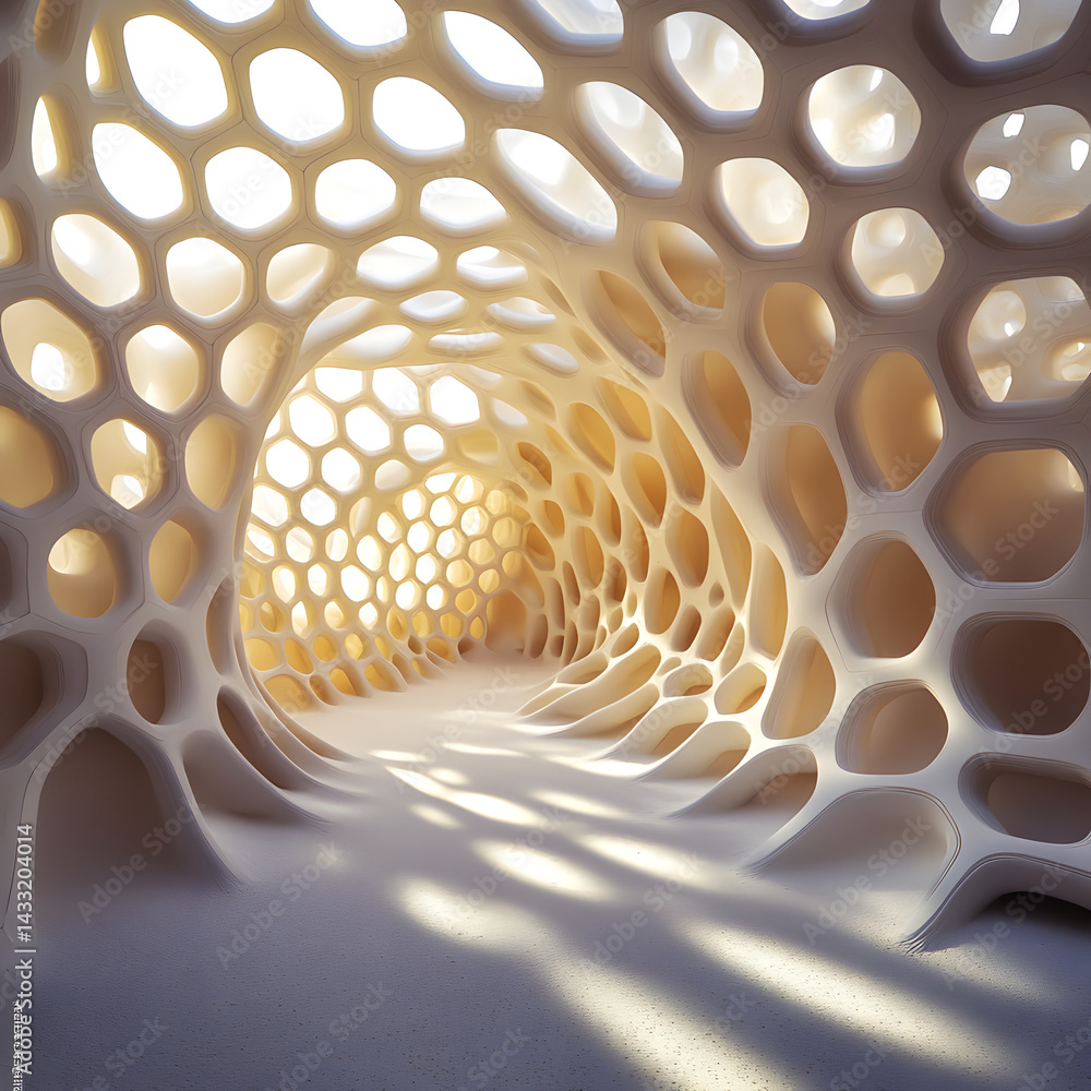 Poster honeycomb structure's gateway: an abstract, yet alluring, tunnel-like passage that creates a futuris