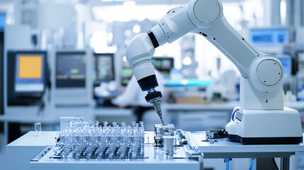 A robotic arm in an AI powered cleanroom, assembling biomedical devices for diagnostic testing, Med-tech style