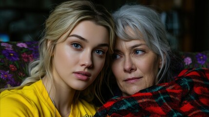 Fototapeta premium Elderly woman receiving home care, blond, together, friendship, nature, hair