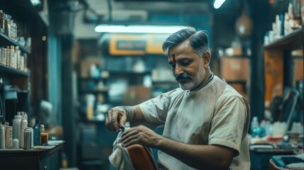 Obraz premium Indian barber prepares barber station, dispensing cream, setting towel, providing service, embodying traditional profession.