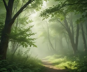 Soft, blurred green leaves create an ethereal, hazy forest backdrop ,  tranquil,  blurry