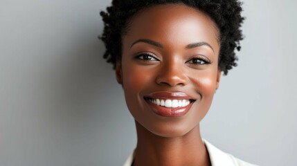 Confident African American woman smiles in portrait, radiating beauty, optimism, success, professional elegance.