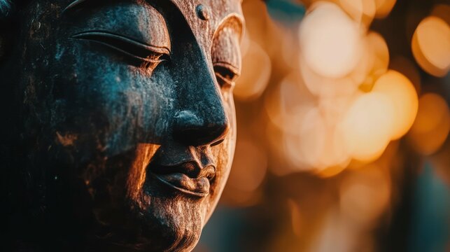 Buddha statue exemplifies serenity, showcasing peace, meditation, enlightenment in a close-up, artistic composition.