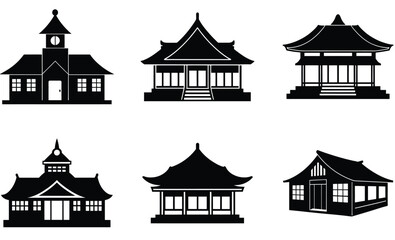Fototapeta premium Japanese School Silhouette Vector Set – Traditional Education Building Collection