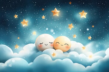 A whimsical illustration of a smiling moon and sun nestled among fluffy clouds, surrounded by sparkling stars in a dreamy night sky.