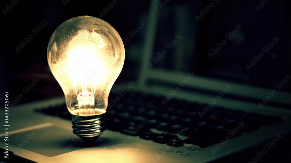 Poster lightbulb illuminates laptop keyboard demonstrating idea conceptualization brainstorming innovation 