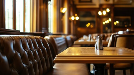 Restaurant interior features cozy leather booths, wooden tables and classic salt and pepper shakers, nobody present.