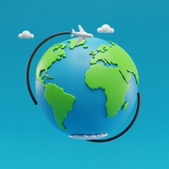 Naklejka premium Global Travel: Airplane Flying Around Earth Globe 3D Rendering