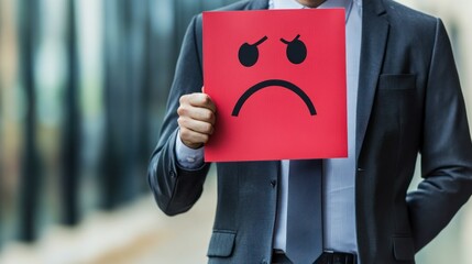 Caucasian businessman displays unhappy sign, symbolizing disappointment, negative feedback, business challenges, corporate performance issues.