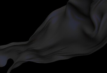 Smooth black satin fabric in flight on dark background. 3D illustration of dark cloth with smooth pleats.