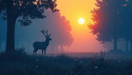 Silhouette of a deer in a misty forest with blue trees against a warm sunlit sky, wildlife photography, natural world, forest landscape