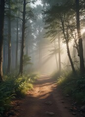Obraz premium Sunbeams pierce misty forest, illuminating path, vibrant, mist