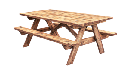 Rustic Wooden Picnic Table on Transparent Background, Outdoor Furniture Photography
