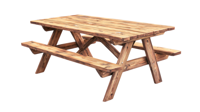 Rustic Wooden Picnic Table on Transparent Background, Outdoor Furniture Photography