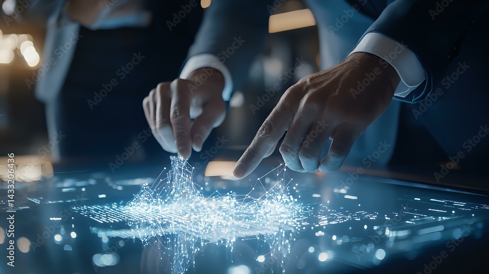 Poster Businessman hands interacting with glowing digital interface displaying network connections and data visualization on dark background with blue light effects.
