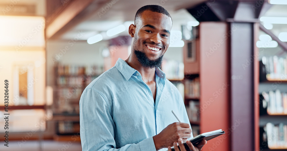 Aufkleber portrait, learning and happy man with tablet in library for knowledge, education and studying in col