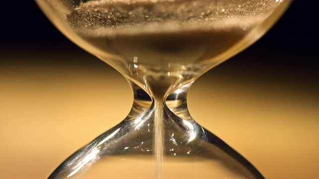 Sand flowing through the sand clock neck on a blurred gold and black background, macro shot. Time is money concept.