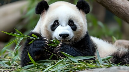 Obraz premium Giant panda bear eating fresh bamboo leaves while resting in natural habitat, close up portrait showing distinctive black and white markings and gentle expression.