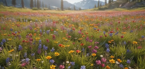 Vibrant wildflowers carpet a sun-drenched meadow ,  green,  image,  daytime