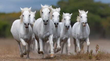 Obraz premium Group of white horses galloping across a field