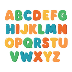 Bright cartoon alphabet with bold uppercase letters in fun colors. Flat vector clipart for kids and learning themes.