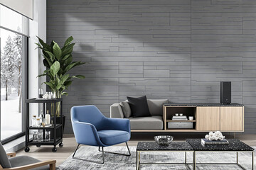 contemporary living room interior with blue armchair and gray wall