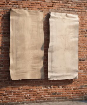 Weathered paper posters on a brick wall, sun-bleached and creased  Glue residue visible , graphic design,  distressed, wall