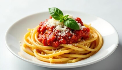 Spaghetti with tomato sauce, basil, parmesan, white background , spaghetti, parmesancheese, sauce