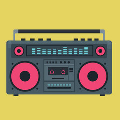 Fototapeta premium Retro boombox with pink speakers and blue equalizer bars vector illustration on yellow background 