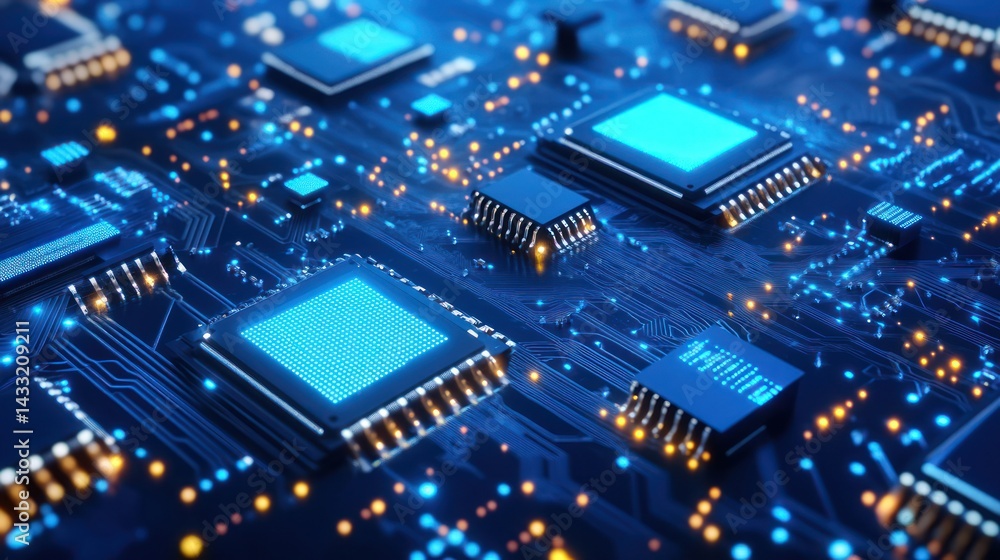 Poster futuristic circuit board close-up tech innovation with glowing paths and processors