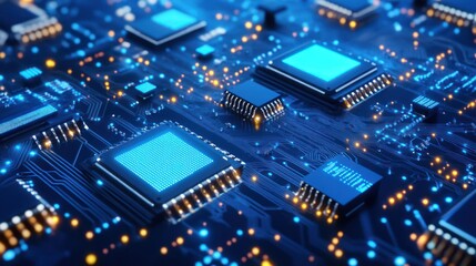 Obraz premium Futuristic circuit board close-up Tech innovation with glowing paths and processors