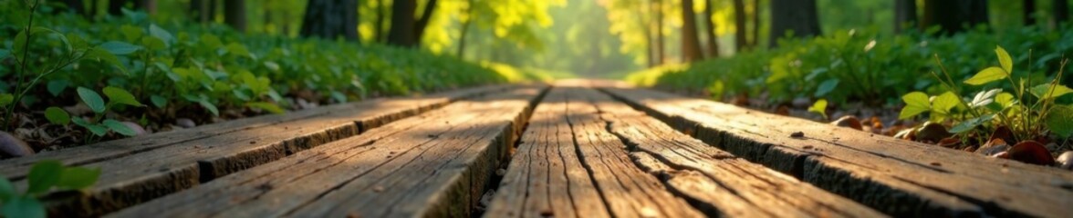 Weathered wooden planks on a rustic forest floor, wood, wooden planks