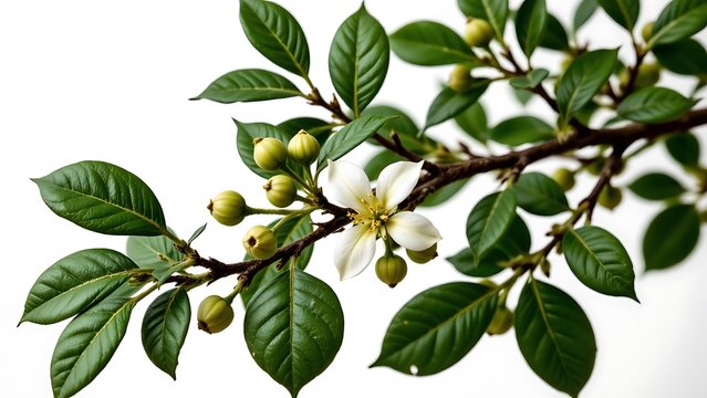 "A clove tree with aromatic leaves and flower buds, isolated on transparent background"