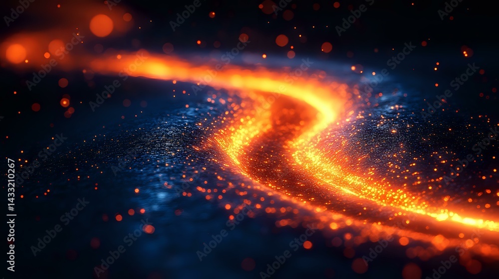 Poster glowing orange light trail with sparks and particles swirling in dark blue space background, creatin