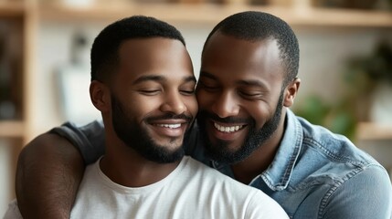 Obraz premium Two African American men hugging eyes closed, share affectionate moment, exuding happiness, tenderness, warmth.