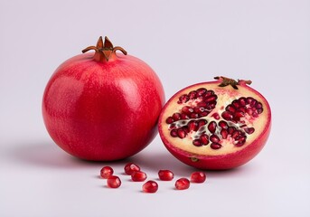 Pomegranate fruit with arils exposed, isolated on white background