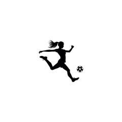 Silhouette of a woman kicking a soccer ball against a plain white background in a dynamic pose