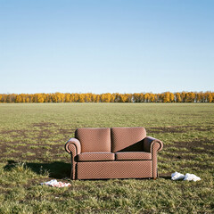 Fototapeta premium brown patterned couch in a grassy field under a clear sky