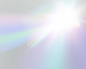 Bright white light explosion with lens flare, rainbow reflections, and sparkles on transparent background.	
