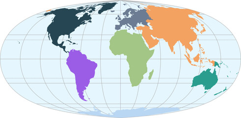 World vector map with continent boundaries and graticules (Kav5 projection, PPT-compatible, pre-colored & fully editable)