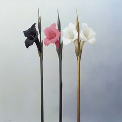 An elegant minimalist composition featuring black, pink, and white flower stems against a soft mountain background. Perfect for modern decor, nature-inspired art, or botanical branding.