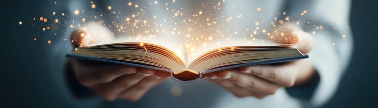 A pair of hands holds an open book, emitting a magical glow with sparkling light, symbolizing knowledge and imagination.