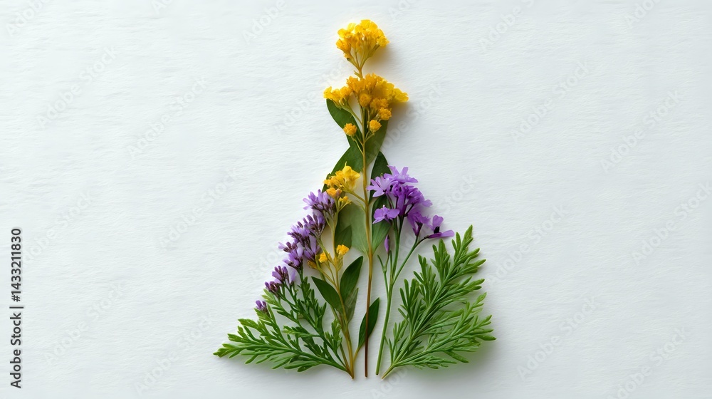 Poster Fresh spring wildflowers and green leaves arranged in triangular shape on white background, creating minimalist botanical composition for nature-inspired design.