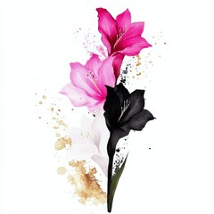 An elegant illustration of gladiolus flowers in black, white, and pink with golden leaves, set in a minimalist style. Perfect for floral designs, decor, or branding with a modern aesthetic.