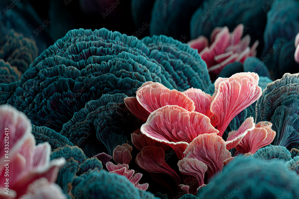 Poster close-up of teal and pink textured fungi, layered and overlapping creating a rich, detailed image. i